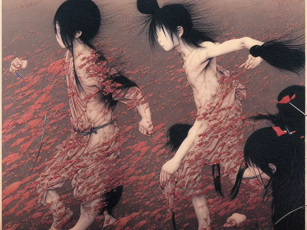 Image similar to Japanese schoolgirl runs away from Samurai with a katana on the subway, high detailed Beksinski painting, part by Adrian Ghenie and Gerhard Richter. art by Takato Yamamoto. masterpiece