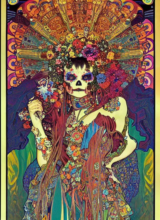 Image similar to realistic detailed psychedelic poster art of a cute punk goth fractal Día de los Muertos girl posing by Victor Moscoso Rick Griffin Alphonse Mucha Gustav Klimt, masterpiece