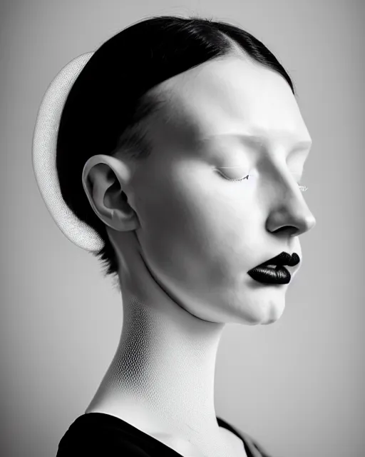 Image similar to dreamy foggy elegant soft luminous bw profile face portrait photo, beautiful young biomechanical - porcelain - female - cyborg with a delicate detailed mandelbrot fractal texture skin and a very long neck with gothic pearl embroidered collar, halo, white smoke atmosphere, rim light, by cecile beaton, 8 k