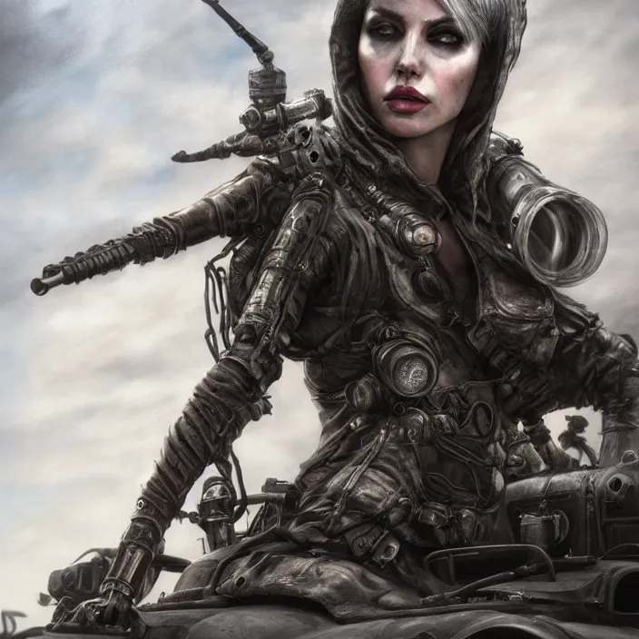 Prompt: beautiful apocalyptic woman in hood, standing on mad max panzer tank, hyper-detailed, smooth, sharp focus, 4k ultra hd, fantasy dark art, tank girl, artgerm, artstation, octane render, elegant, detailed digital painting, apocalyptic art