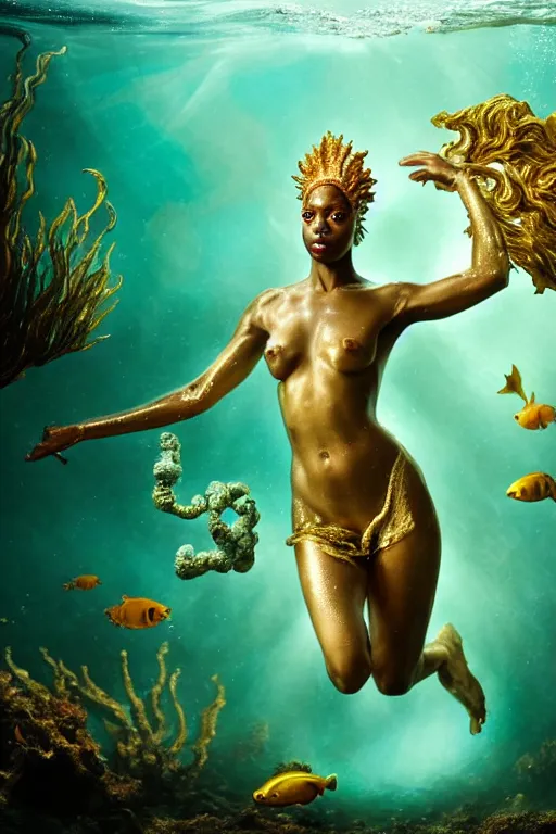 Image similar to hyperrealistic neo - rococo cinematic half underwater scene with fish and algae, very expressive! translucent elegant african goddess getting out of water, gold jewerly, highly detailed face, digital art masterpiece, aykut aydogdu zener, dramatic volumetric light, long shot, low angle uhd 8 k, sharp focus