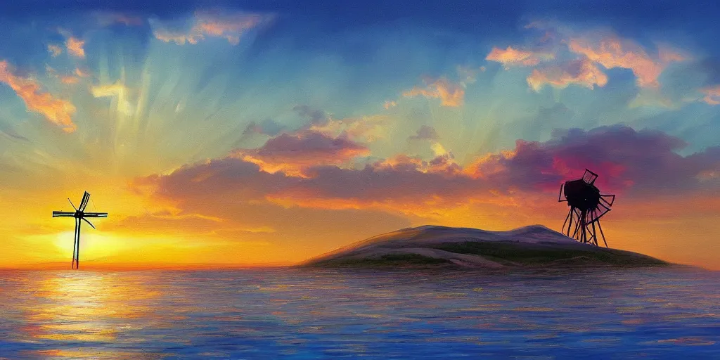 Image similar to Beautiful painting of a pretty sunset with a floating island floating high in the sky, a windmill on top of the floating island, 4k, art station