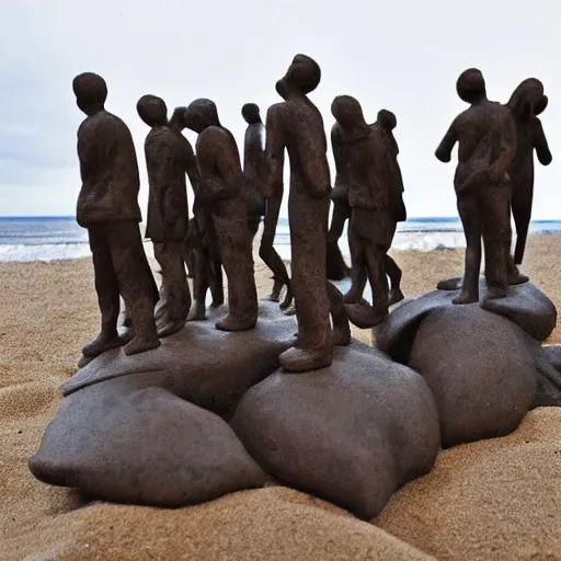 Image similar to This sculpture depicts a scene from the Spanish Civil War, which was a time of great turmoil and strife in Spain. The sculpture shows a group of people on a beach, with the ocean in the background. The people in the sculpture are all different sizes and shapes, and they are all looking in different directions. The sculpture is full of color and movement, and it is very expressive. The sculpture is also very powerful and emotional, and it has a very strong impact on the viewer. illuminated codex gilded by Victor Adame Minguez, by Robert Vonnoh elaborate, offhand