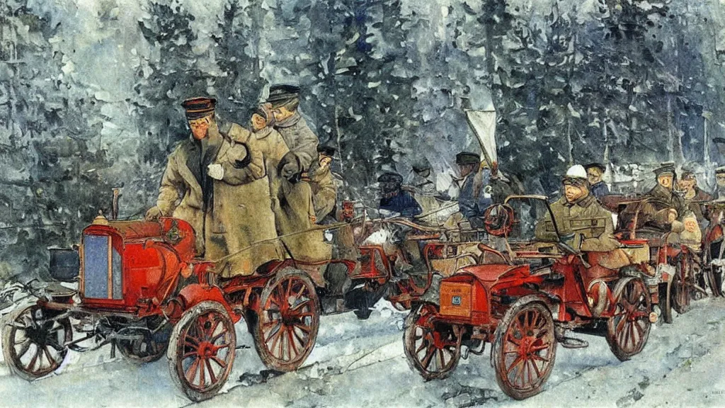 Image similar to russian revolution diesel - powered 1 9 1 0, painting by carl larsson