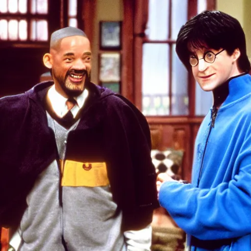 Image similar to film still of Harry Potter next to Will Smith in Fresh Prince of Bell Air