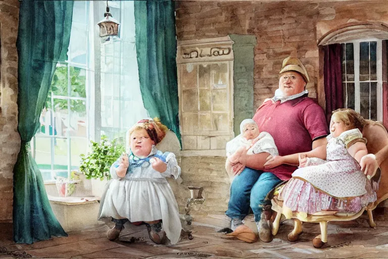 Image similar to charming and chubby parents and their very fat baby girl, wearing a polka dot cloths and a victorian - style hairdo, sits in the large and bright studio. sunlight enters through the barred window. watercolor and pen painting. beautiful lighting, 4 k post - processing, highly detailed, 5 k extremely detailed, 3 d. cinematic scene.