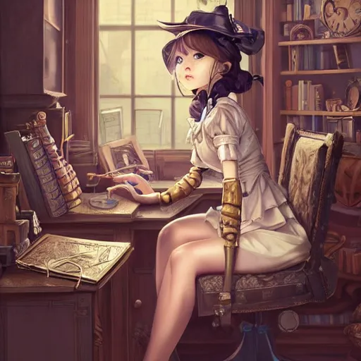 Image similar to a beautiful steampunk detective girl sitting in her office | | cute - fine - face, pretty face, fine details by stanley artgerm lau, wlop, rossdraws, james jean, andrei riabovitchev, marc simonetti, and sakimichan, trending on artstation