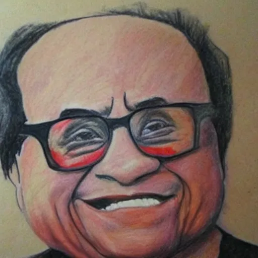 Prompt: children's drawing of danny devito done with crayons, crude