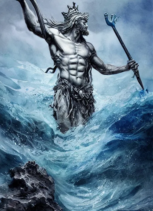 Image similar to Poseidon with crown and trident rising from the ocean, watercolor, dramatic lighting, cinematic, establishing shot, extremly high detail, foto realistic, cinematic lighting, pen and ink, intricate line drawings, by Yoshitaka Amano, Ruan Jia, Kentaro Miura, Artgerm, post processed, concept art, artstation, matte painting, style by eddie mendoza, raphael lacoste, alex ross