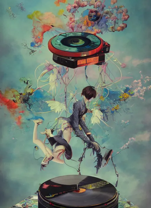 Image similar to surreal gouache painting, by yoshitaka amano, by ruan jia, by Conrad roset, by good smile company, detailed anime 3d render of a Magical flying Vinyl records , DJ Mixer, deck surrounded by Dragonfly,flying Vinyl records, controller, portrait, cgsociety, artstation, rococo mechanical and Digital and electronic, dieselpunk atmosphere