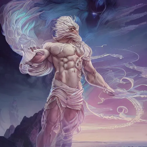 Prompt: aesthetic portrait commission of a albino muscular and attractive anthro lion with mane turning into cosmic smoke while wearing an attractive pastel greek jeweled outfit floating inside a floating greek palace in the clouds, minimalistic art, hyperdetailed. Character design by charlie bowater, ross tran, artgerm, and makoto shinkai, detailed, inked, western comic book art, 2021 award winning painting