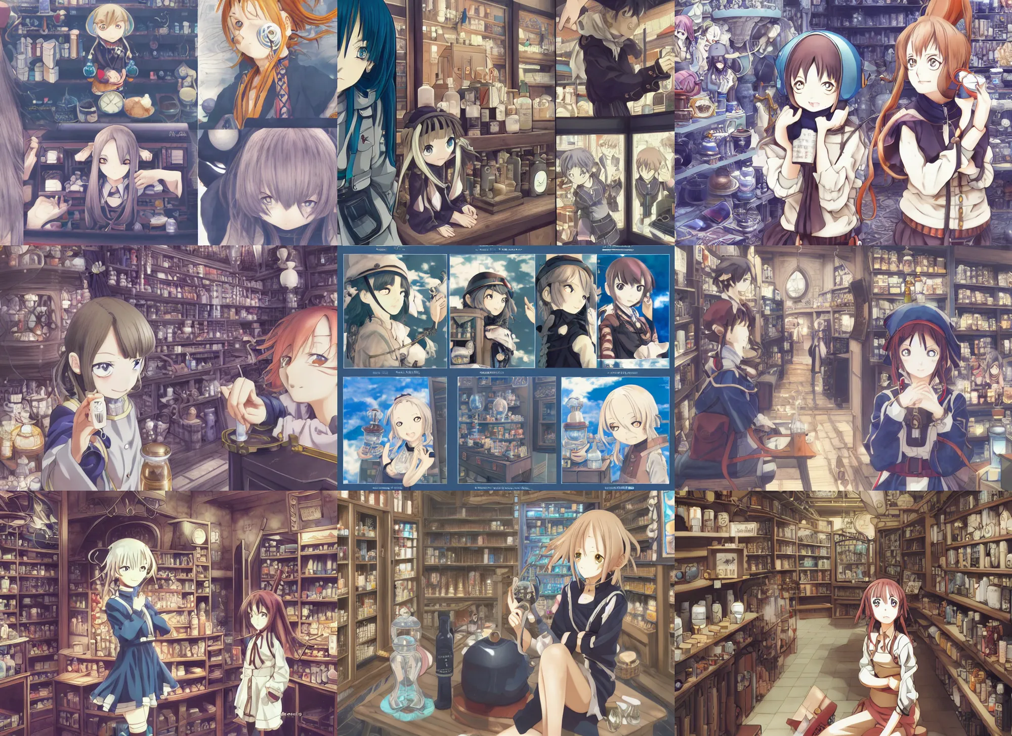Prompt: anime frames, portrait of a young female traveler in a alchemist's potion shop interior shopping, cute face by murata range, last exile, blue submarine no 6, dynamic perspective pose, detailed, lomography, hdr, yoh yoshinari