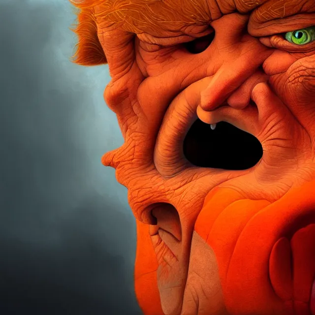 Prompt: gediminas pranckevicius | close up portrait of a evil trump with orange hair in the sinister valley of despair, one mouth, one nose, two eyes, oil painting by tomasz jedruszek, cinematic lighting, pen and ink, intricate line, hd, 4 k, million of likes, trending on artstation