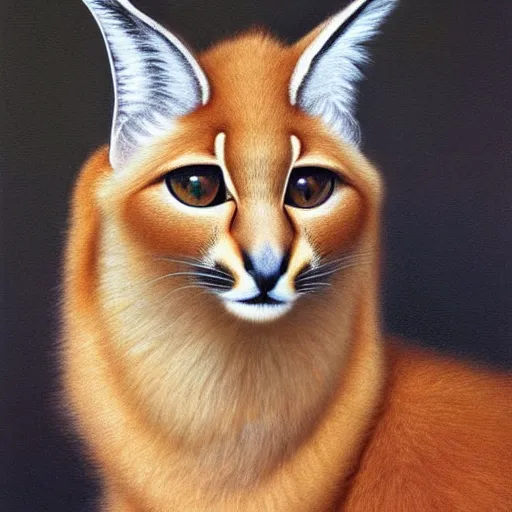 Prompt: fullbody portrait of cute fluffy caracal, wearing laurel wreath on his head, illustration, high detail, francine van hove