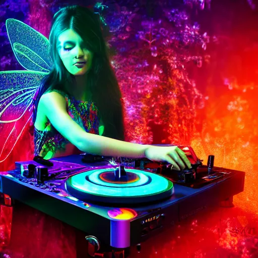 Prompt: double exposure of a beautiful fairy dj playing turntables in a rave party at a magical forest, digital art, detailed octane render cinematic photo - realistic 8 k high detailed