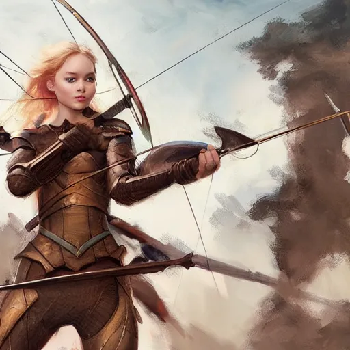 Prompt: Jennifer Lawrence and Elle Fanning as archers by Stanley Artgerm Lau, WLOP, Rossdraws, Frank Frazetta, Andrei Riabovitchev, Marc Simonetti, trending on artstation.