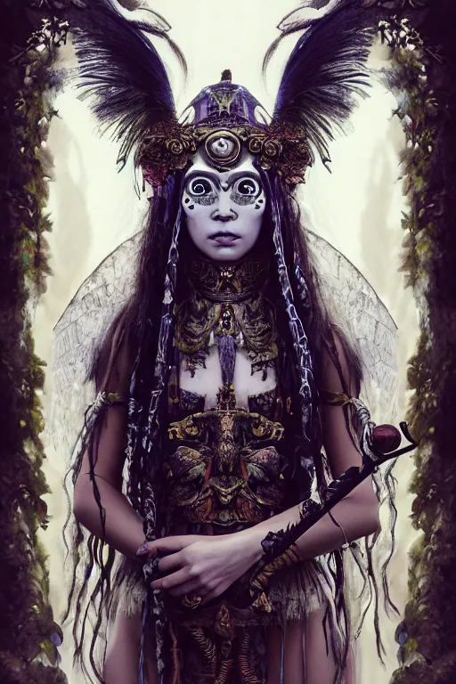 Image similar to A masterpiece ultrarealistic portrait of a Irristible angel princess tribal-shaman-knight-witch-ghost with Skull Iron mask. baroque renaissance girl in the night forest. medium shot, intricate, elegant, highly detailed. trending on artstation, digital art, by Stanley Artgerm Lau, WLOP, Rossdraws, James Jean, Andrei Riabovitchev, Marc Simonetti, Yoshitaka Amano. background by James Jean and Gustav Klimt, light by Julie Bell, 4k, porcelain skin.