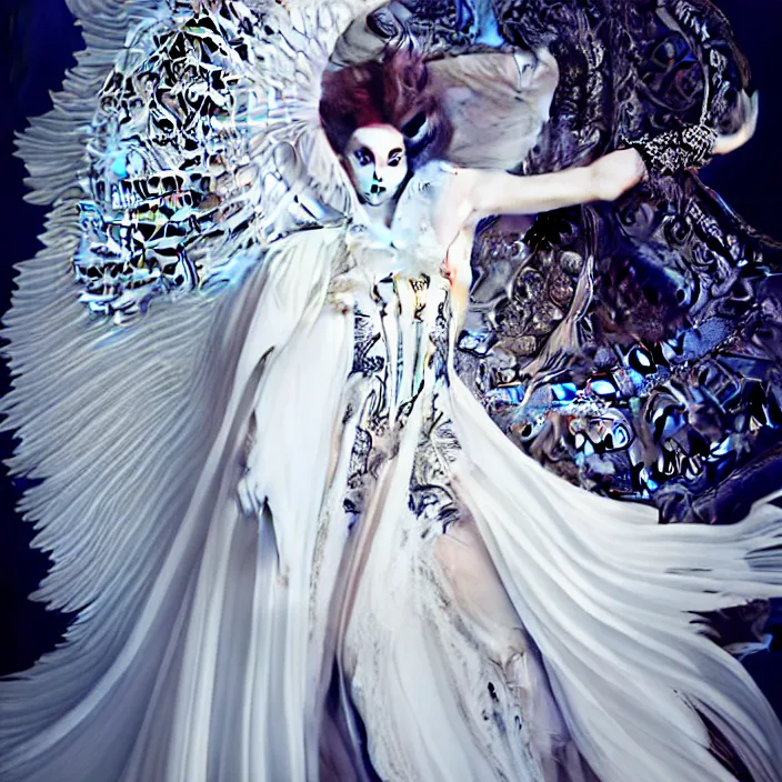 Image similar to photo portrait of a beautiful woman like a dark fallen angel, dressed in long elegant intricate ornamental white dress,intricate fractal ornament in the upper body intricate baroque ornament hair, fine art photography by Giovanni Gastel, professional studio colors lighting, volumetric lighting, dramatic colors scheme , hyper realistic photography in style of Vogue Fashion magazine