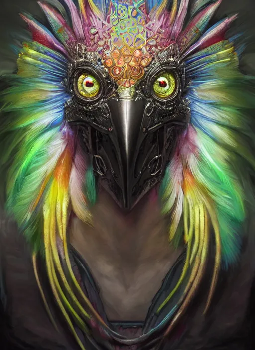 Prompt: cyber parrot downtown cn tower mf doom reptile eyes, rainbow metal feathers, intricate, elegant, highly detailed, centered, digital painting, artstation, concept art, smooth, sharp focus, illustration, artgerm, tomasz alen kopera, peter mohrbacher, donato giancola, joseph christian leyendecker, wlop, frank frazetta