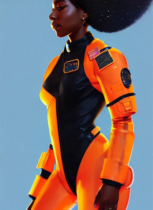 Prompt: full body portrait of young black woman as an astronaut, orange flight jumpsuit, intricate, beautiful and elegant, highly detailed, digital painting, artstation, concept art, smooth, sharp focus, illustration, art by wlop, mars ravelo and greg rutkowski