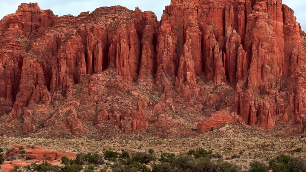 Image similar to an atmospheric film still by Ridley Scott with a huge towering dark gothic cathedral carved out of rock at the top of a red rock canyon