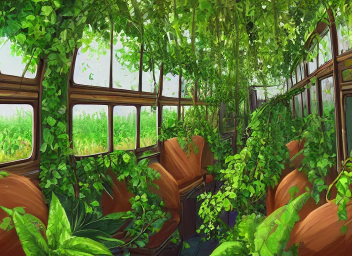 Image similar to A beautiful interior of an overgrown bus full of lush plants, rich vines and verdant flowers, detailed, sharp, digital art, trending on Artstation, thick atmosphere