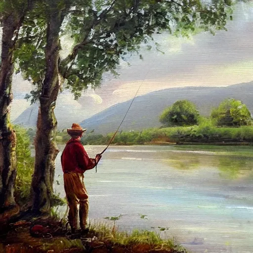 Prompt: fisherman at the riverside, idyllic, relaxing, oil painting, continental school of art, 4 k, fine art, atelier