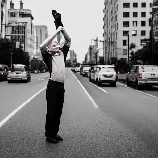 Image similar to a man standing on one leg in the middle of the street, holding up traffic, photography