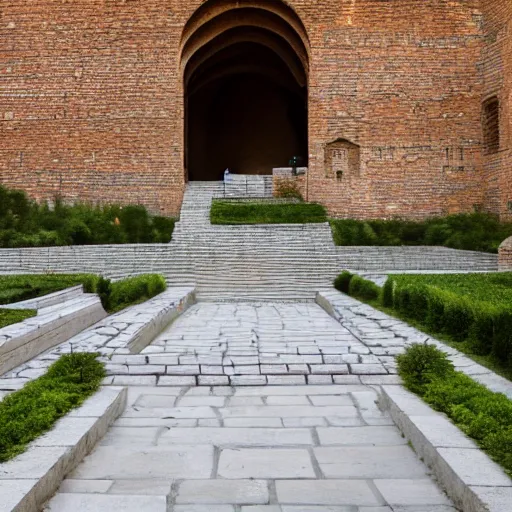 Image similar to courtyard complex of a labyrinthine monastary made of thousands of iteratively stacked and interlocked stones and bricks and wood, fusion of carlo scarpa and louis kahn, ivy growing on the bricks, people walking around and sitting on steps, architectural photography