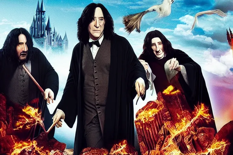 Prompt: Movie poster with Danny DeVito as Albus Dumbledore and Keanu Reeves as Severus Snape and Snoop Dog as Harry Potter