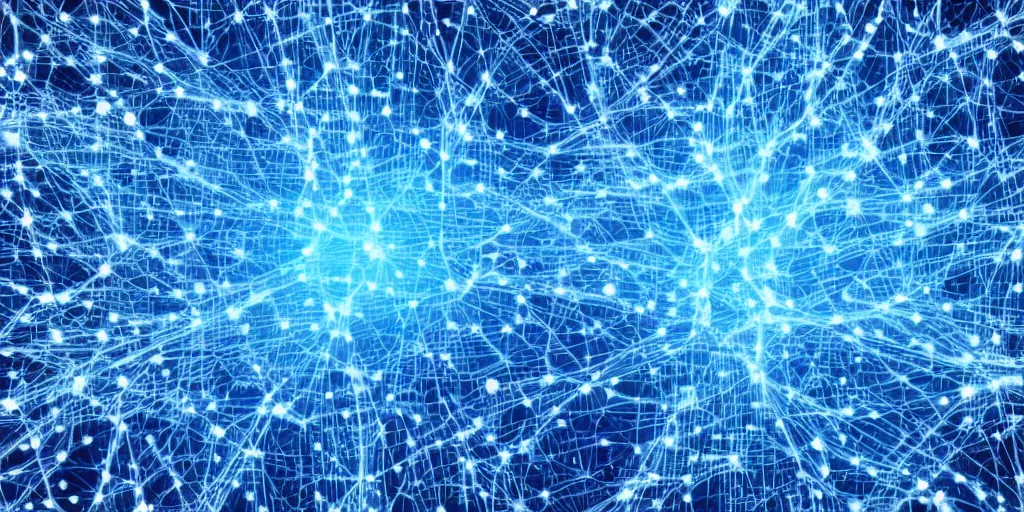 Prompt: a really cool deep blue desktop background consisting of artificial intelligence mapping out the human brain using fiber optics with white signals