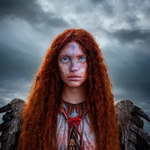 Image similar to dystopian dnd character, native american teenage female angel, who has iridescent colored eyes, freckles, and has curly red hair, hyper realistic, made by and seb mckinnon. hyperrealism, dslr photography 8 k dop dof by laura zalenga. red and blue diffused lighting, fantasy expanse landscape in the style of john avon. 8 k dop dof