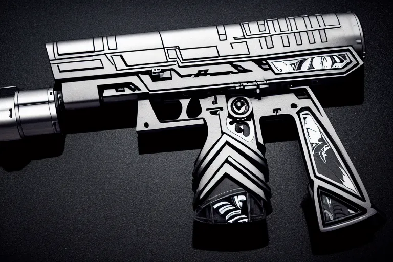 Prompt: cyberpunk ultra high tech pistol with engraving of the cat, sci - fi, blade runner, cyberpunk, high tech, futurism, exoskeleton, symmetry, cinematic, elegant, luxury, perfect light, perfect composition, dlsr photography, sharp focus, 8 k, ultra hd, sense of awe, highly detailed, realistic, intricate, science journal cover