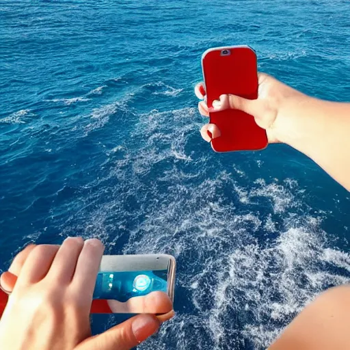 Image similar to hand holding a phone in the middle of the sea