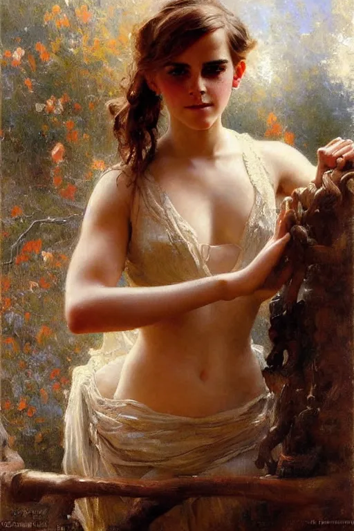Prompt: detailed portrait of a beautiful emma watson thicc, painting by gaston bussiere, craig mullins, j. c. leyendecker