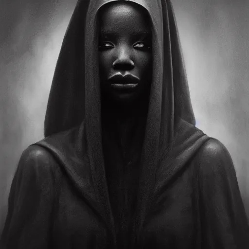 Image similar to a portrait of a young black woman wearing a long dark cloak, hood and shadows covering face, anatomically correct, beautiful perfect face, enigmatic, oil painting, matte painting, black background, Volumetric dynamic lighting, Highly Detailed, Cinematic Lighting, Unreal Engine, 8k, HD, by Beksinski