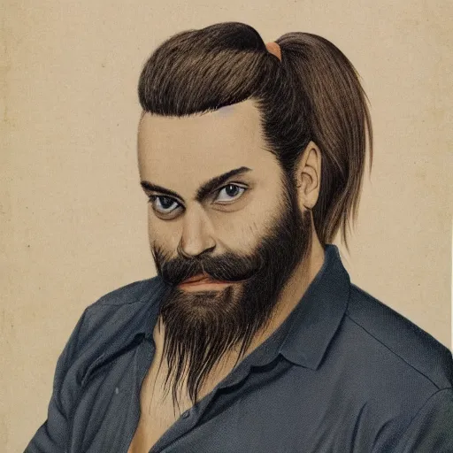 Image similar to portrait of a man in his 30s with a long black beard and black hair pulled back into a pony tail, medium plump nose, blue eyes, tan complexion, visible gauges in both ears.