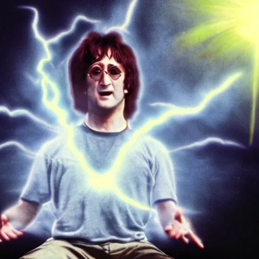 Prompt: dramatic movie poster of John Lennon throwing a fully charged spirit bomb