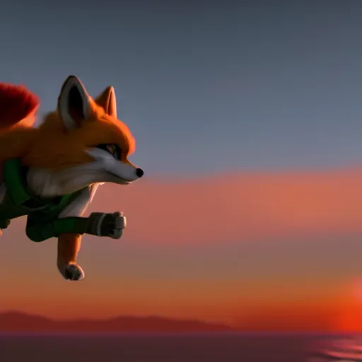 Prompt: high quality photo of star fox, fox mccloud, looking out at the ocean at sunset realism 8k award winning photo