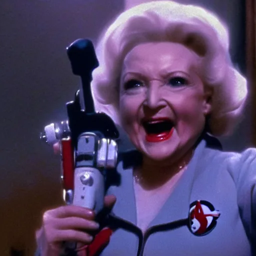 Image similar to stunning awe inspiring betty white as a ghostbuster in the movie ghostbusters, movie still 8 k hdr atmospheric lighting