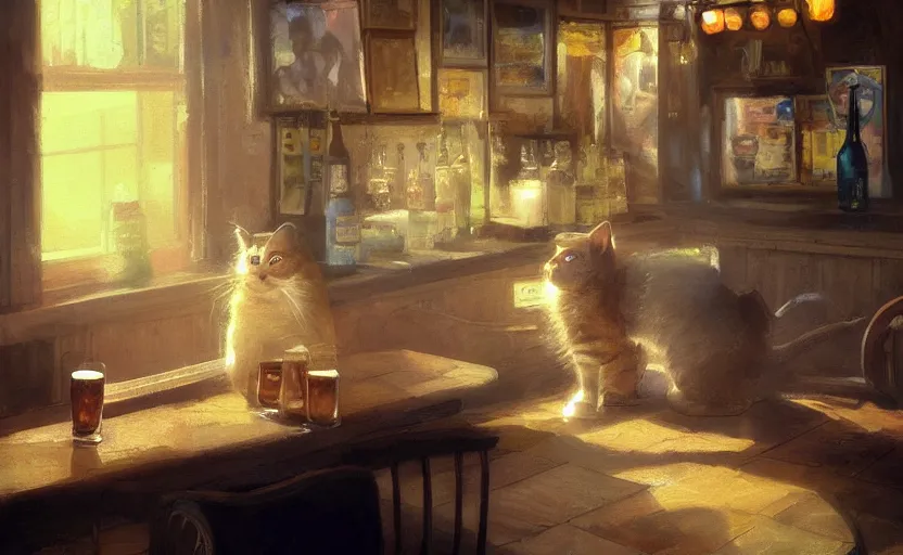 Image similar to a cat in a pub with beer, painting by craig mullins, octane rendering, soft morning lighting, wide angle lens, in the style of hayao miyazaki, trending on artstation,