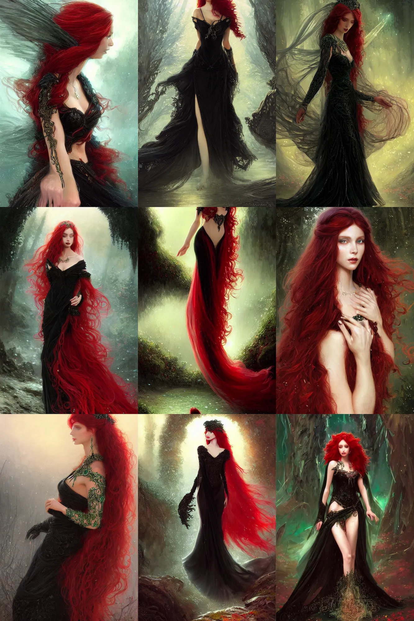 Prompt: red haired goddess, beautiful, feminine, pretty, long hair, all covered black dress and veil, emerald jewels, fantasy, dressed!!!! magical, mystical, intricate, elegant, highly detailed, digital painting, artstation, concept art, smooth, sharp focus, illustration, art by gaston bussiere and greg rutkowski