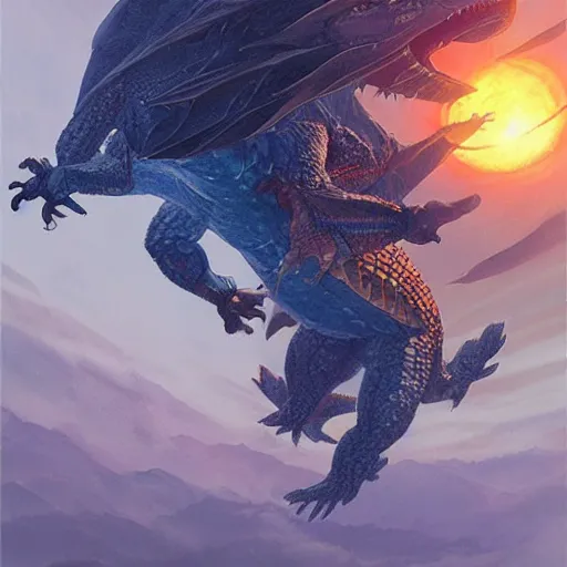 Image similar to Gigantic blue scaled dragon devouring an earth like planet while flying in space, sun system, behemoth, lizard, crocodile, drawing, by Greg Rutkowski