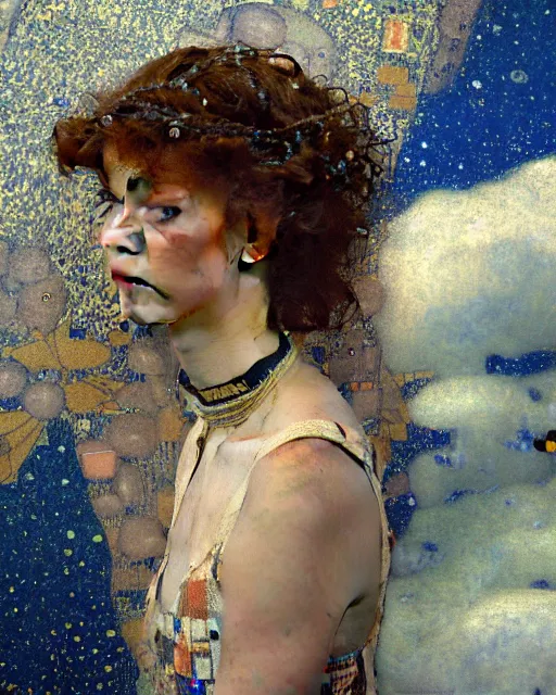 Image similar to a close up of beautiful girl flying through the clouds surrounded by colourful intricate patterns, by gustave klimt edgar maxence and caravaggio and michael whelan, intricate painting, hyper realistic, extremely detailed and beautiful aesthetic face, 8 k resolution
