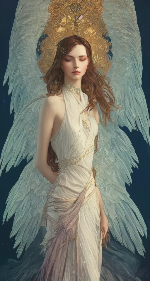 Prompt: beautiful young woman vaporwave aesthetic, synthwave, intricate, elegant, highly detailed, digital painting, wearing long gown, angelic wings, artstation, concept art, smooth, sharp focus, illustration, art by artgerm and greg rutkowski and alphonse mucha