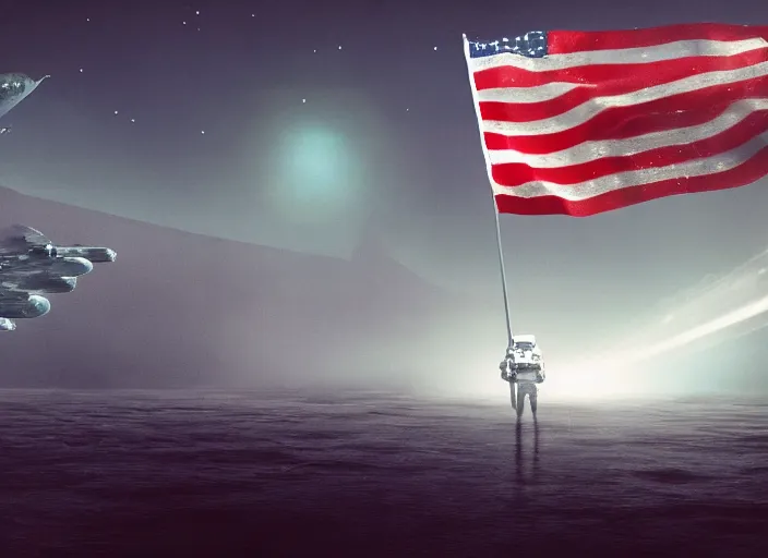 Prompt: astronaut holding a flag in an underwater desert. a submarine is visible in the distance. dark, concept art, cinematic, dramatic, atmospheric, 8 k, trending on artstation, blue, fish, corals, low visibility, light rays, extremely coherent, bubbles, fog, ocean floor, christopher nolan, interstellar