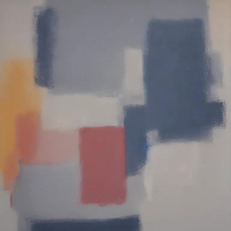 Image similar to An abstract painting on canvas using soft pale colours and milky texture contrasted by dark bold scratches and some simple shape, reminiscent of natural sceneries and influenced by Japanese minimalism and colour fields and inspired by artists such as John Hoyland, Johannes Itten, Marcel Duchamp and Mark Rothko.