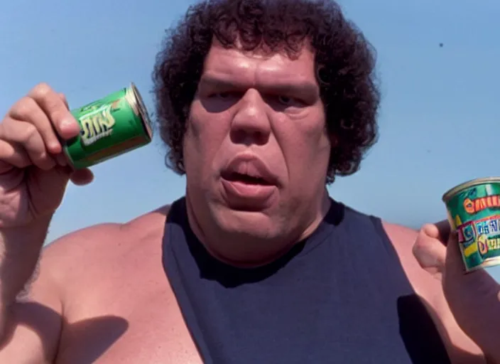 Image similar to film still of Andre the Giant eating a can of beans in the new Sleepless in Seattle movie, 4k