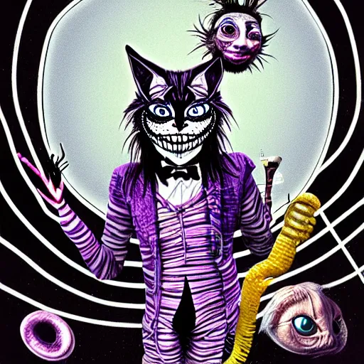 Image similar to graphic illustration, creative design, cheshire cat as alice cooper, biopunk, francis bacon, highly detailed, hunter s thompson, concept art