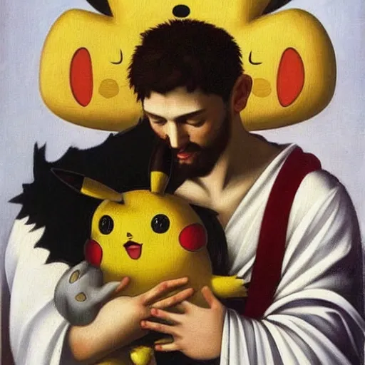 Image similar to zeus and his pet pikachu, oil painting by caravaggio